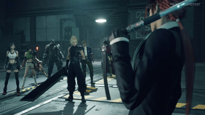 Official key art for Final Fantasy VII Revelation showing the main cast with the Highwind airship.