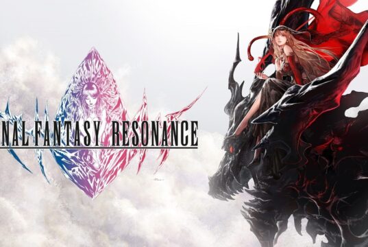 Final Fantasy Resonance key art with the game logo and a summoner riding a dark dragon