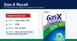 Gas-X recall notice with affected Extra Strength Softgels lot numbers