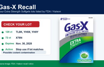 Gas-X recall notice with affected Extra Strength Softgels lot numbers