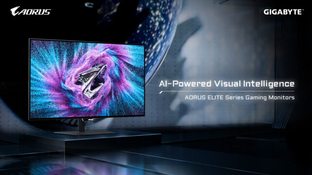 GIGABYTE AORUS ELITE monitors with AI-powered visual intelligence branding