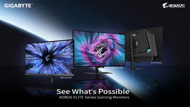 GIGABYTE AORUS ELITE Monitors Split OLED and Mini LED official image GIGABYTE AORUS ELITE monitors with OLED and Mini LED models