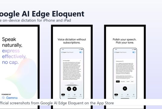 Google AI Edge Eloquent official App Store screenshots showing on-device dictation