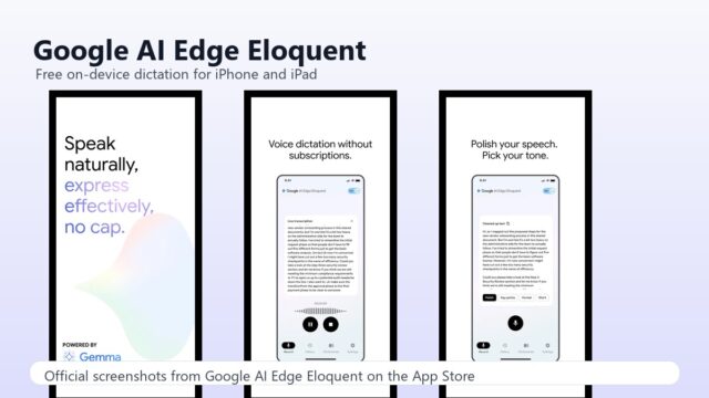 Google AI Edge Eloquent official App Store screenshots showing on-device dictation