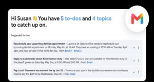 Google AI Plus drops to $4.99 a month and doubles storage to 400GB Gmail interface showing the new AI Inbox summary of to-dos and topics, part of the updated Google AI Plus subscription.