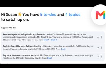 Google AI Plus drops to $4.99 a month and doubles storage to 400GB Gmail interface showing the new AI Inbox summary of to-dos and topics, part of the updated Google AI Plus subscription.