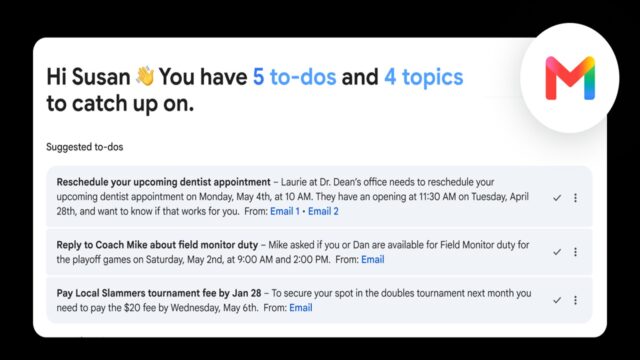 Gmail interface showing the new AI Inbox summary of to-dos and topics, part of the updated Google AI Plus subscription.