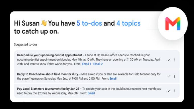 Google AI Plus drops to $4.99 a month and doubles storage to 400GB Gmail interface showing the new AI Inbox summary of to-dos and topics, part of the updated Google AI Plus subscription.