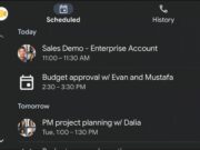 Google Meet Lands on Android Auto for Hands-Free Calls Google Meet on the Android Auto dashboard showing the Scheduled tab with upcoming meetings.