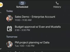 Google Meet on the Android Auto dashboard showing the Scheduled tab with upcoming meetings.