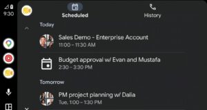 Google Meet Lands on Android Auto for Hands-Free Calls Google Meet on the Android Auto dashboard showing the Scheduled tab with upcoming meetings.