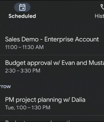Google Meet Lands on Android Auto for Hands-Free Calls Google Meet on the Android Auto dashboard showing the Scheduled tab with upcoming meetings.