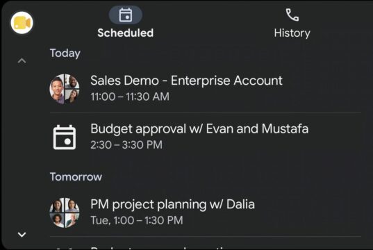 Google Meet on the Android Auto dashboard showing the Scheduled tab with upcoming meetings.