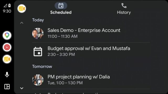 Google Meet on the Android Auto dashboard showing the Scheduled tab with upcoming meetings.