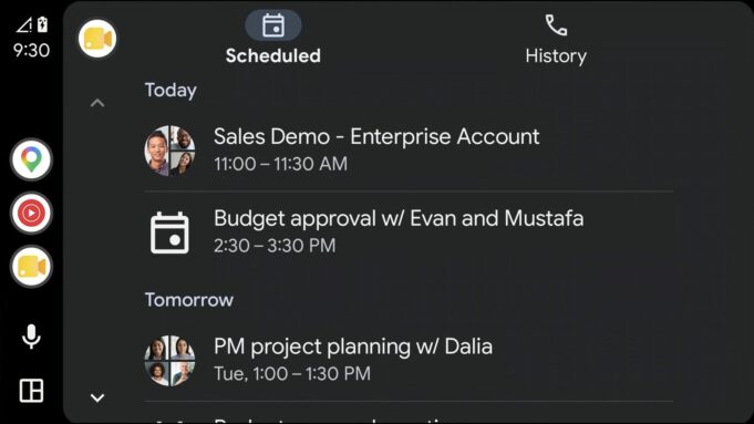 Google Meet on the Android Auto dashboard showing the Scheduled tab with upcoming meetings.