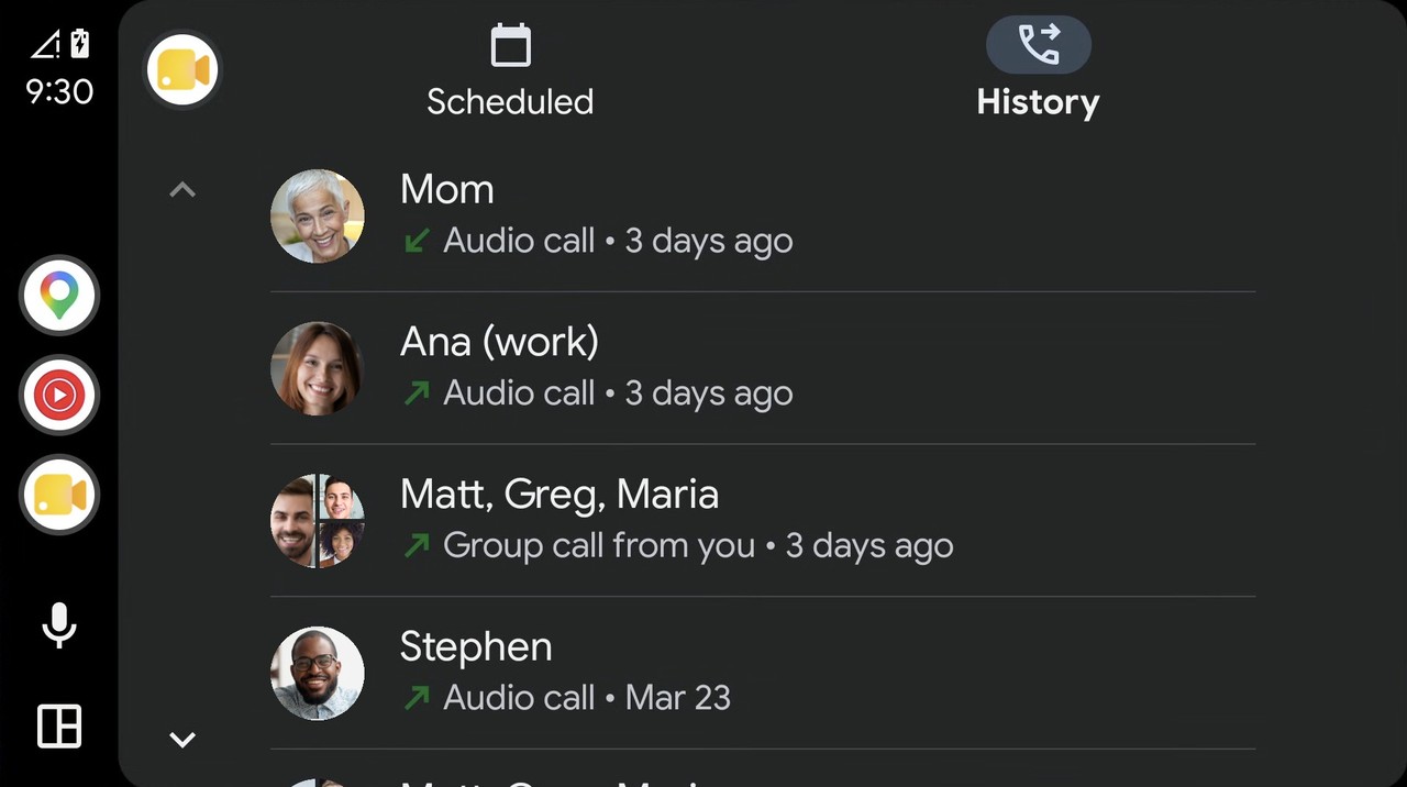 Google Meet History tab on Android Auto showing recent audio calls to redial