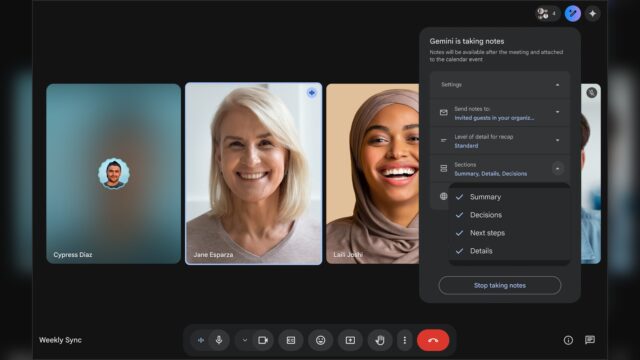 Google Meet Gemini notes customization menu showing Summary Decisions Next steps and Details sections