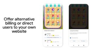 Google Play graphic showing alternative billing and a link-out-to-website checkout option