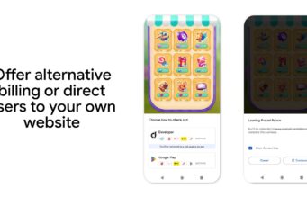 Google Play graphic showing alternative billing and a link-out-to-website checkout option
