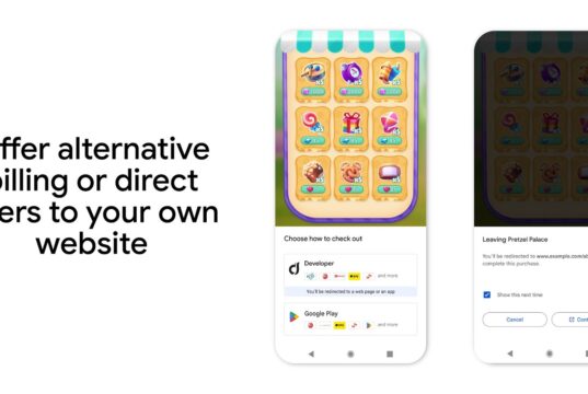Google Play graphic showing alternative billing and a link-out-to-website checkout option
