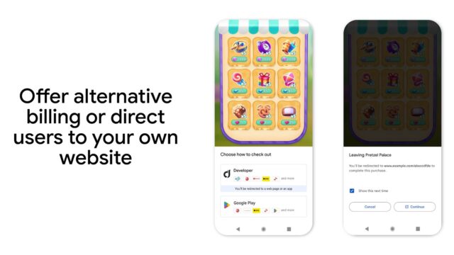 Google Play graphic showing alternative billing and a link-out-to-website checkout option