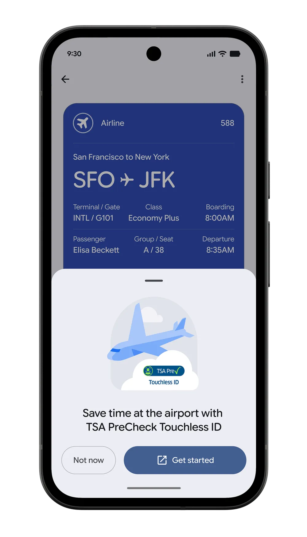 Google Wallet boarding pass on a phone showing the TSA PreCheck Touchless ID prompt and Get started button