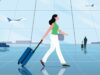 Illustration of a traveler walking through airport security, promoting Google Wallet TSA PreCheck Touchless ID.