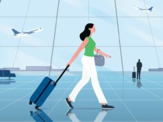 Illustration of a traveler walking through airport security, promoting Google Wallet TSA PreCheck Touchless ID.