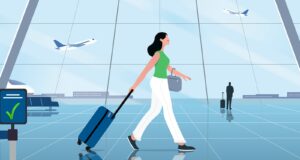 Illustration of a traveler walking through airport security, promoting Google Wallet TSA PreCheck Touchless ID.