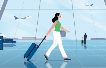 Illustration of a traveler walking through airport security, promoting Google Wallet TSA PreCheck Touchless ID.
