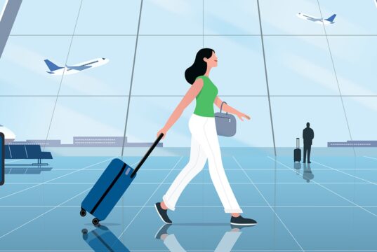 Illustration of a traveler walking through airport security, promoting Google Wallet TSA PreCheck Touchless ID.