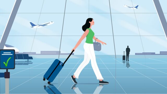 Illustration of a traveler walking through airport security, promoting Google Wallet TSA PreCheck Touchless ID.
