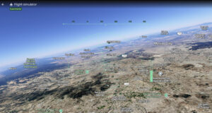 Google Earth flight simulator screenshot showing an aerial view of Mexico City inside a web browser.