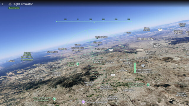 google_earth_flight_sim.jpg Google Earth flight simulator screenshot showing an aerial view of Mexico City inside a web browser.