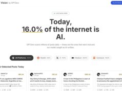 GPTZero AI Vision dashboard showing that an estimated 16 percent of the internet is AI-generated, with detection rates across platforms.