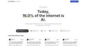 GPTZero AI Vision dashboard showing that an estimated 16 percent of the internet is AI-generated, with detection rates across platforms.