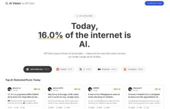 GPTZero AI Vision dashboard showing that an estimated 16 percent of the internet is AI-generated, with detection rates across platforms.