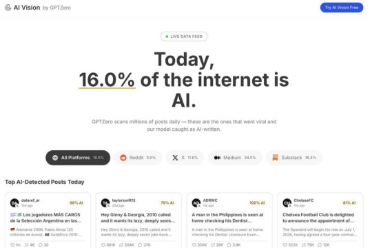 GPTZero AI Vision dashboard showing that an estimated 16 percent of the internet is AI-generated, with detection rates across platforms.