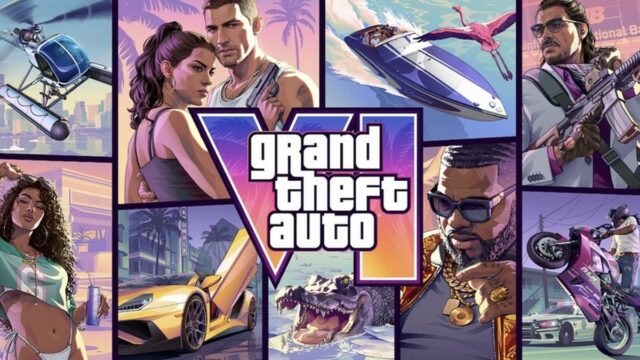 Official Grand Theft Auto VI cover art showcasing characters and vehicles in Vice City for GTA 6 pre-orders