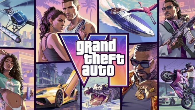 Official Grand Theft Auto VI cover art showcasing characters and vehicles in Vice City for GTA 6 pre-orders
