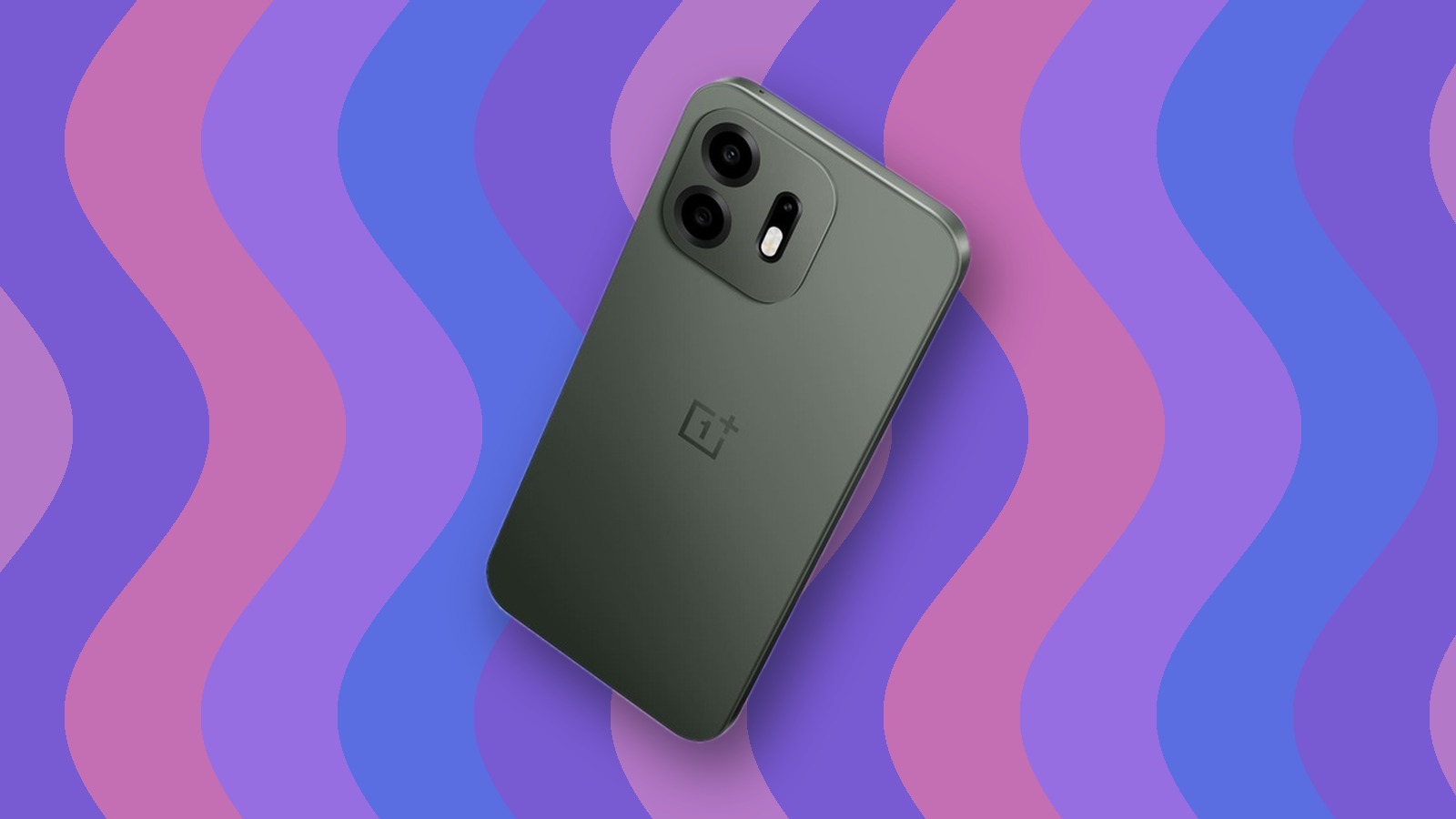OnePlus N6 graphite back render with a purple and blue editorial background