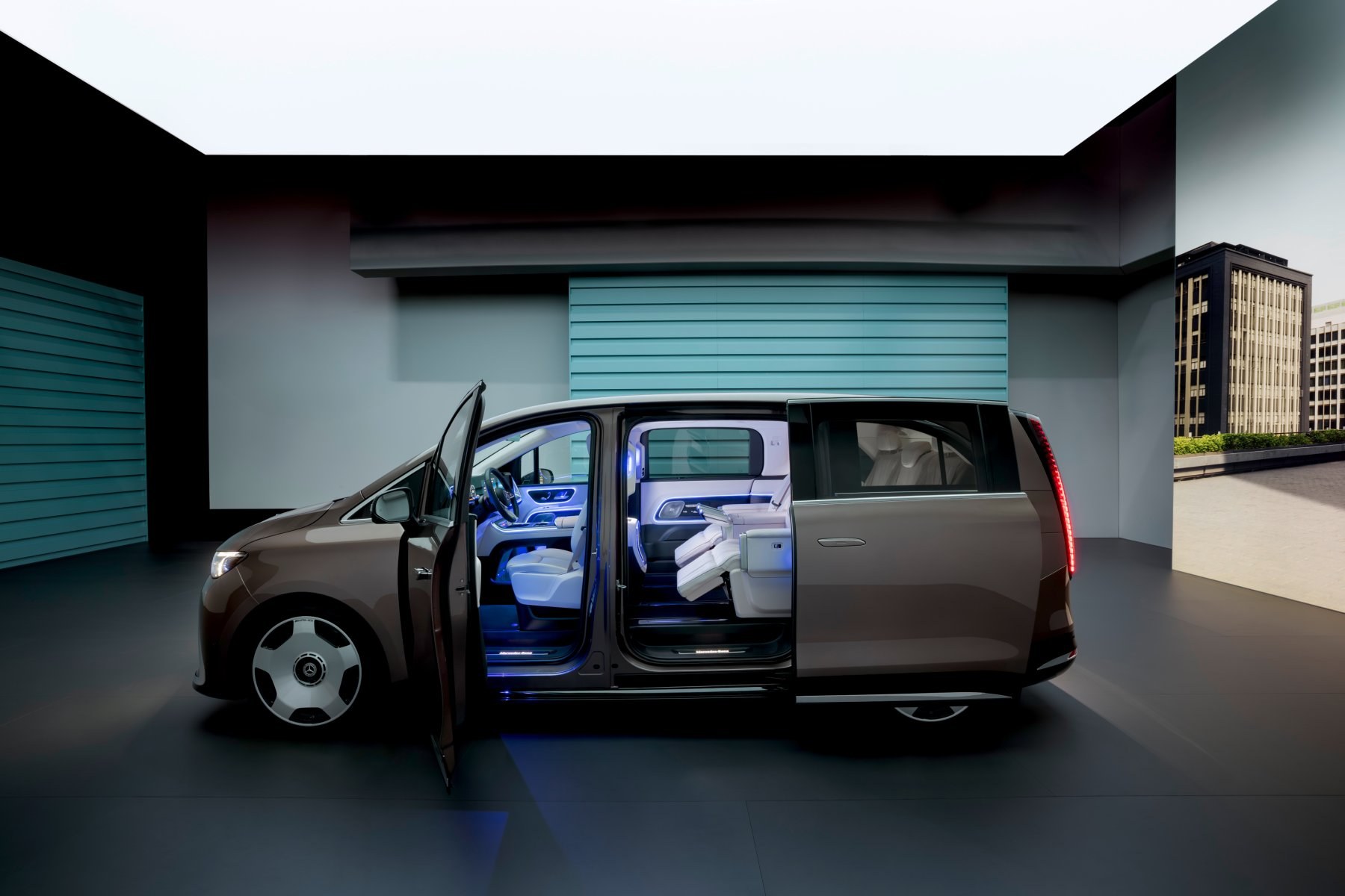 Mercedes-Benz VLE with electric sliding doors open, showing flexible removable seating