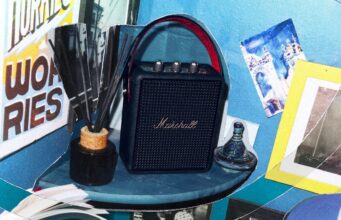 Marshall Stockwell III speaker on a colorful tabletop