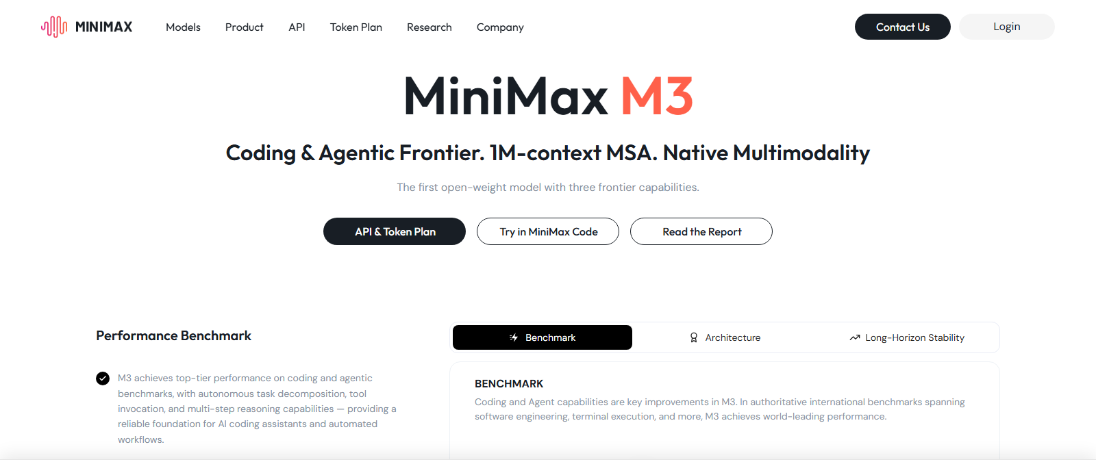 MiniMax M3 official model page showing the 1M-context MSA and native multimodality headline.