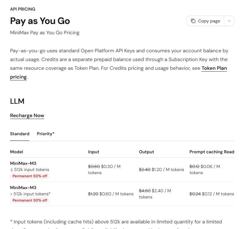 MiniMax pay-as-you-go pricing table showing MiniMax M3 input, output, and prompt caching read prices.