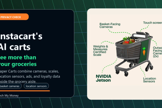 Instacart Caper Carts AI shopping cart hardware diagram showing basket cameras, outward cameras, location sensors, and touchscreen