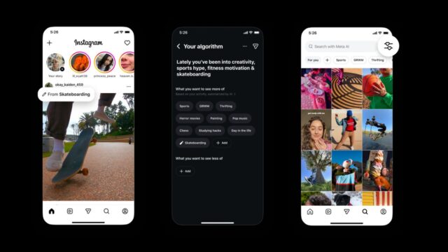 Instagram algorithm settings menu shown on three smartphones