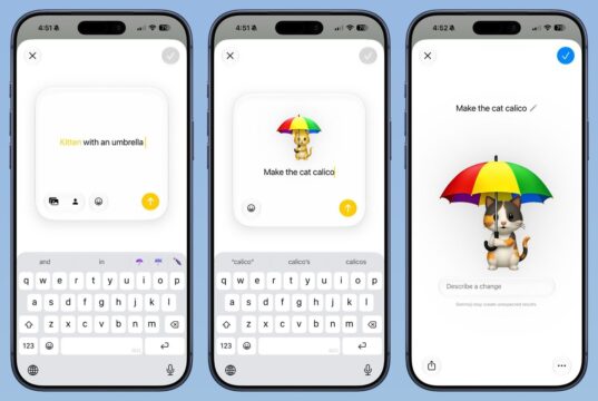 iOS 27 Genmoji interface showing a kitten emoji edited with a text prompt