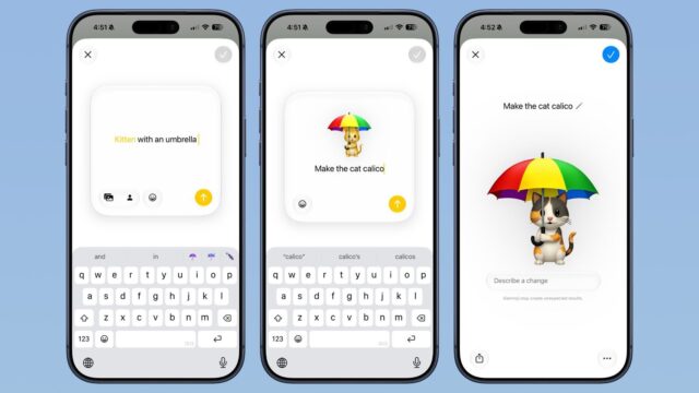 iOS 27 Genmoji creation interface iOS 27 Genmoji interface showing a kitten emoji edited with a text prompt