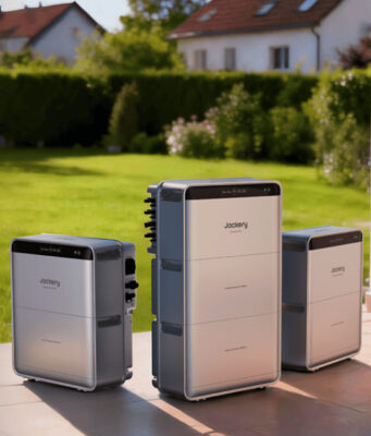 Jackery Ark AI EMS home energy hardware shown outside a house.
